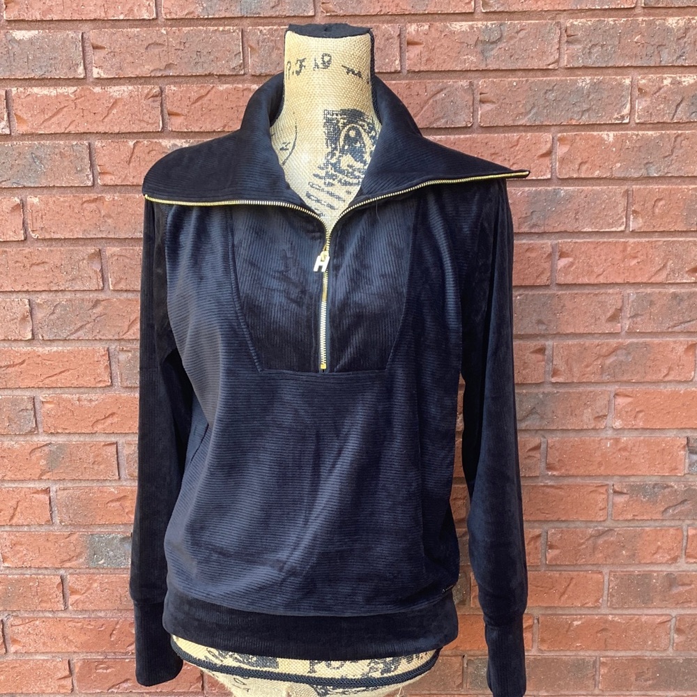 Halston Black Velour Half-Zip Pullover with Gold Zip Detail XS